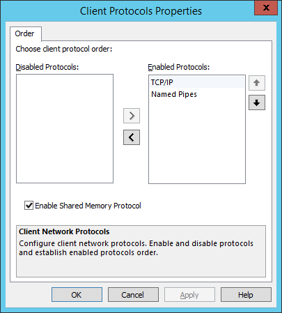 Microsoft SQL Server Configuration Manager Client Protocols Properties dialog box where TCP/IP is at the top of the Enabled Protocols list